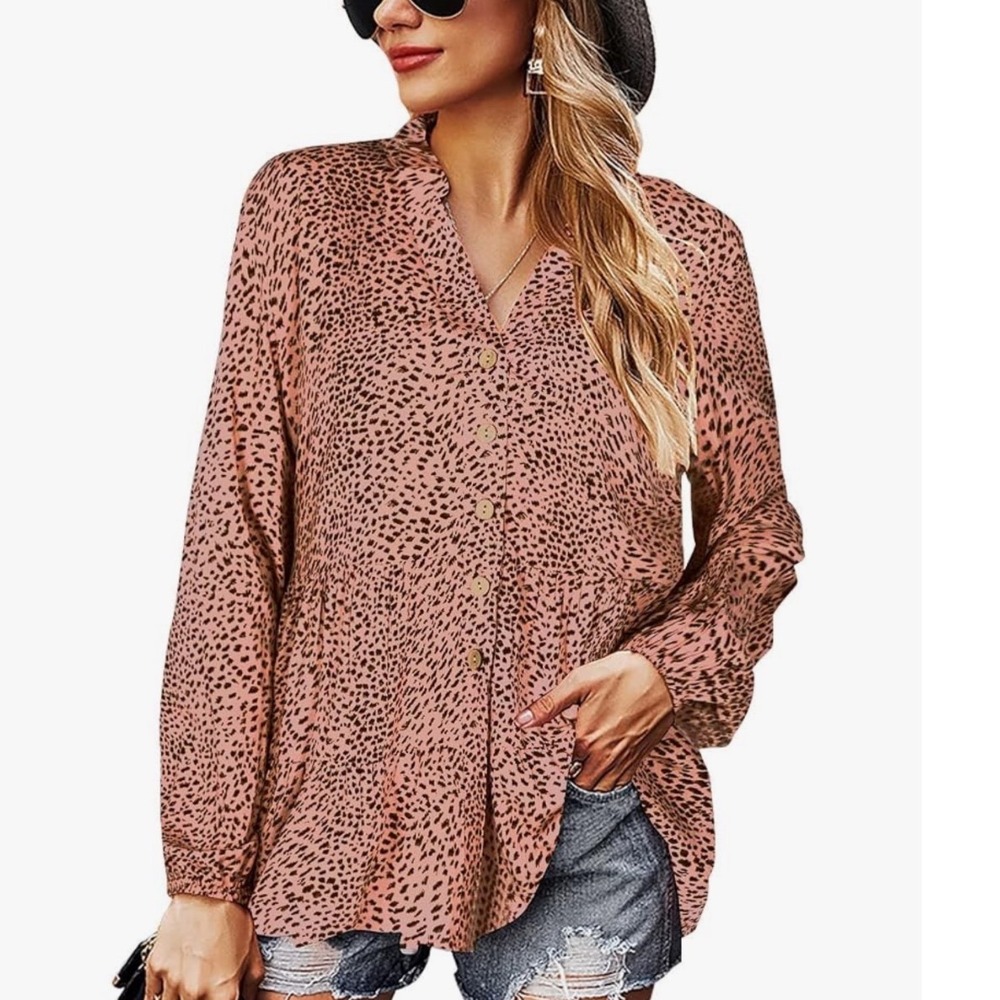 Pink Speckled Button Down Tiered Babydoll Blouse Long Sleeve Top Women XL